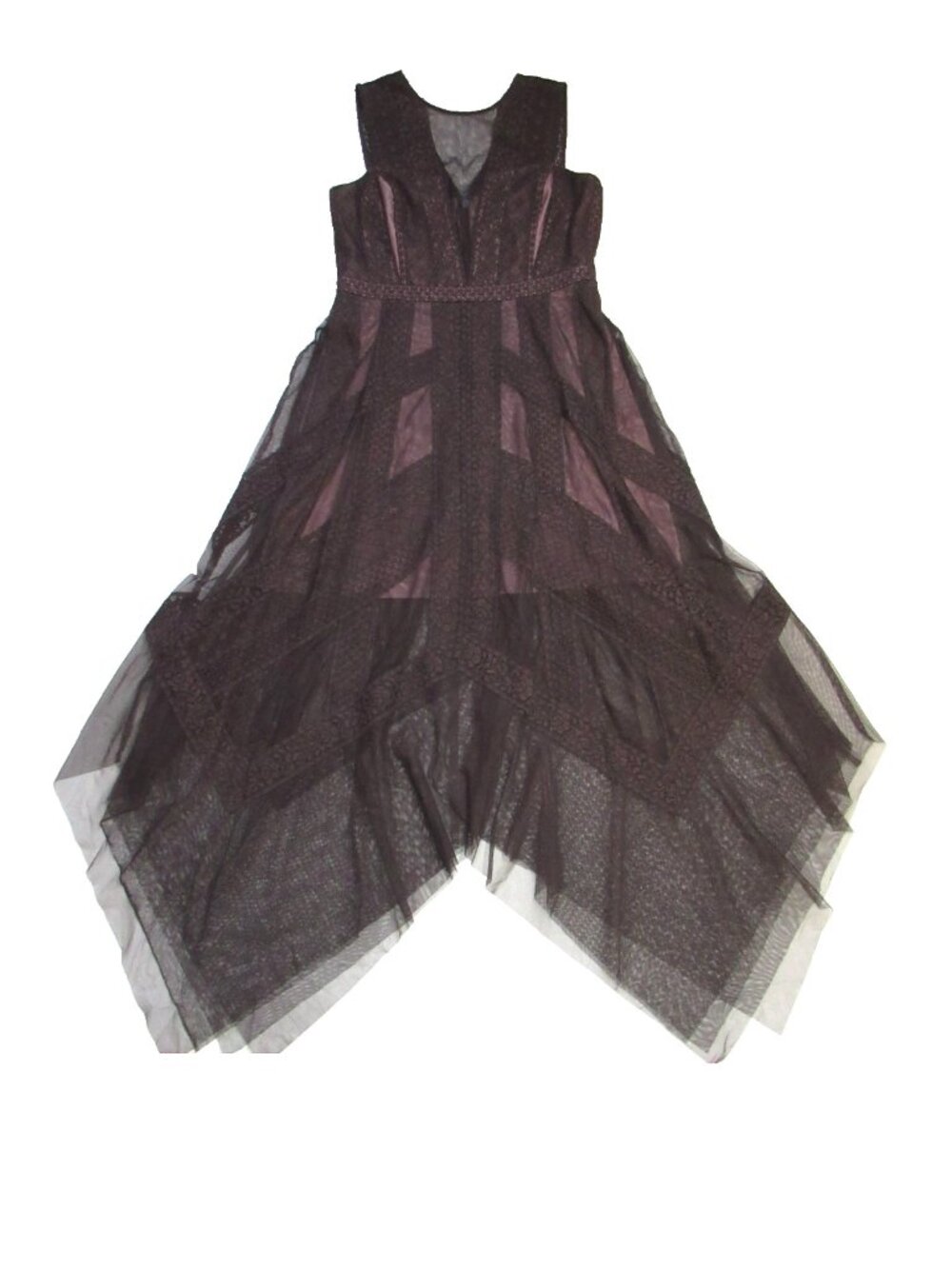 NWT BCBG MaxAzria Andi in Coffee Bean Brown Lace Handkerchief Hem Sheer Dress 12 - Picture 6 of 9